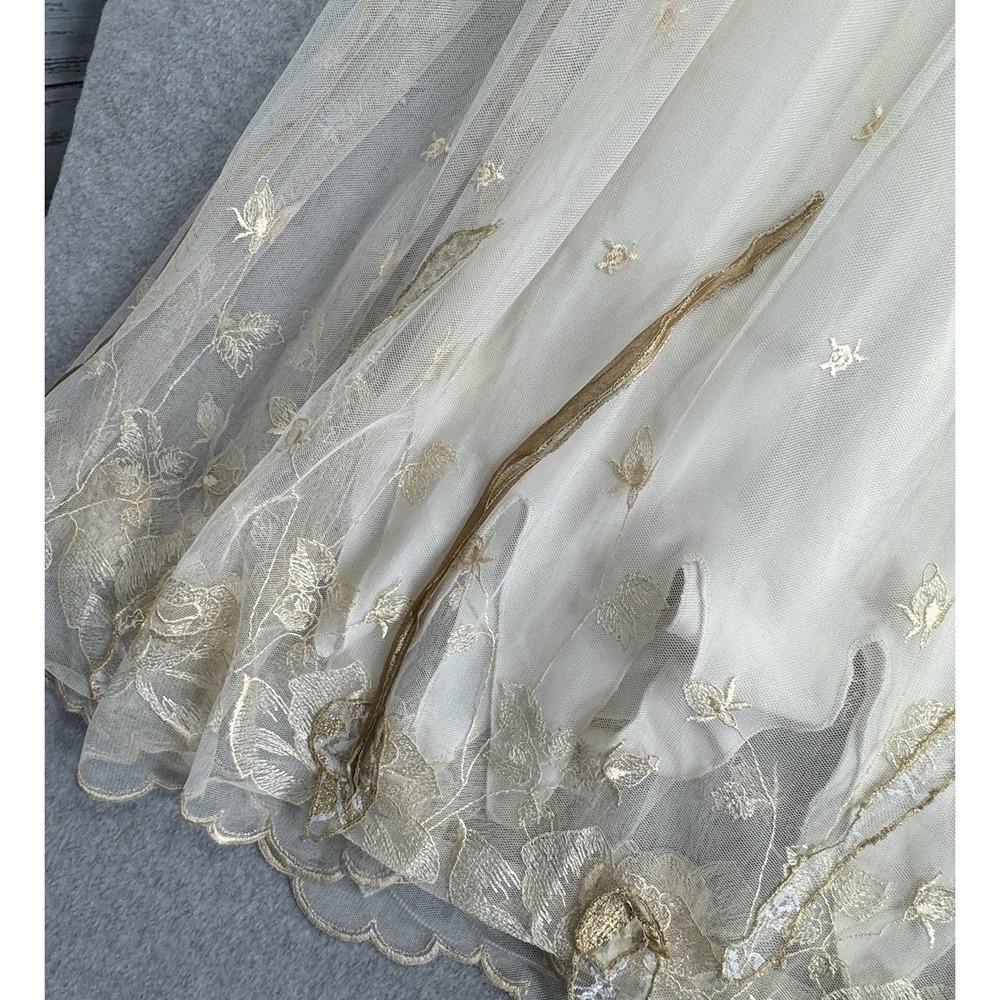 Whimsical Fairycore Ethereal Tulle Maxi Skirt XS Cream Gold Embroidered Bridal - Picture 4 of 16